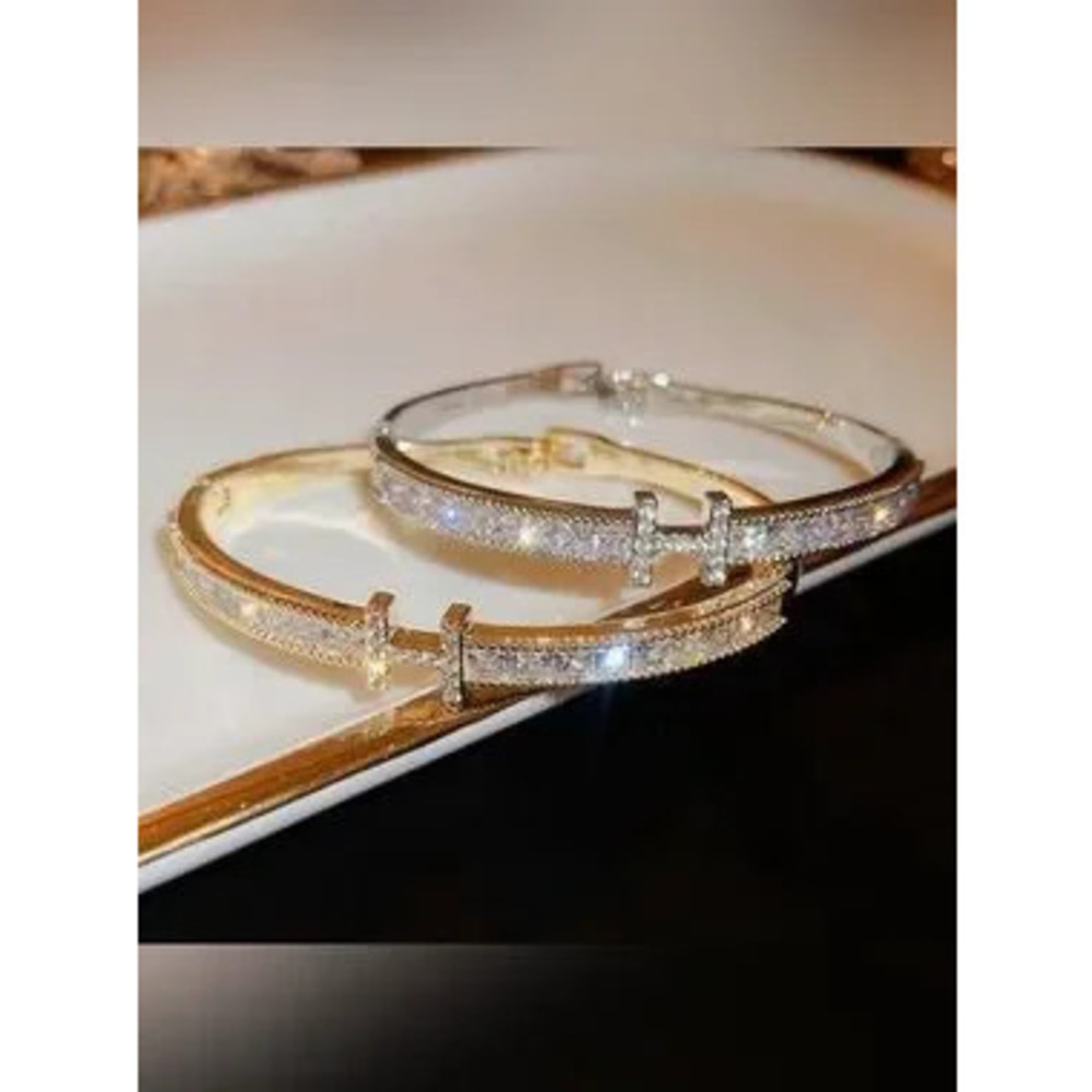 Silver Stainless Steel CZ Bangle Bracelet - Sparkling H Dainty - Picture 4 of 5